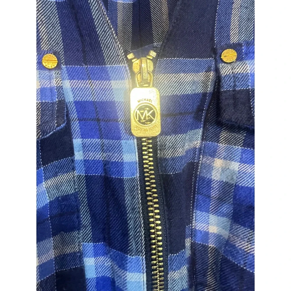 Michael Kors Womens Blue Plaid Quarter Zip Roll Tab Sleeve Top Size Large